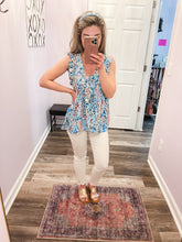 Load image into Gallery viewer, Blue Babydoll V Neck Floral Print Lilly Inspired Ruffled Top
