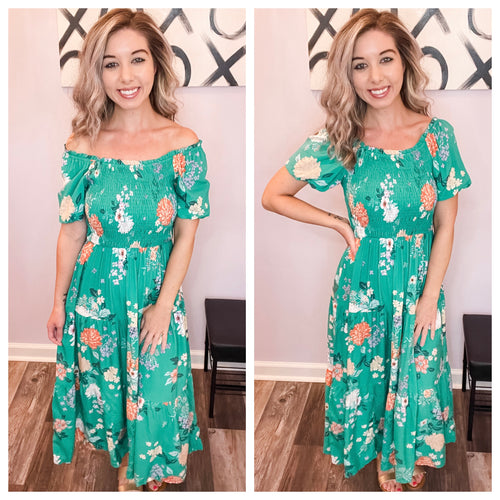 Green Floral Smocked Upper Half Dress