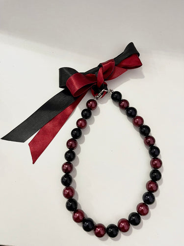 Garnet & Black Pearled Ribboned Necklace