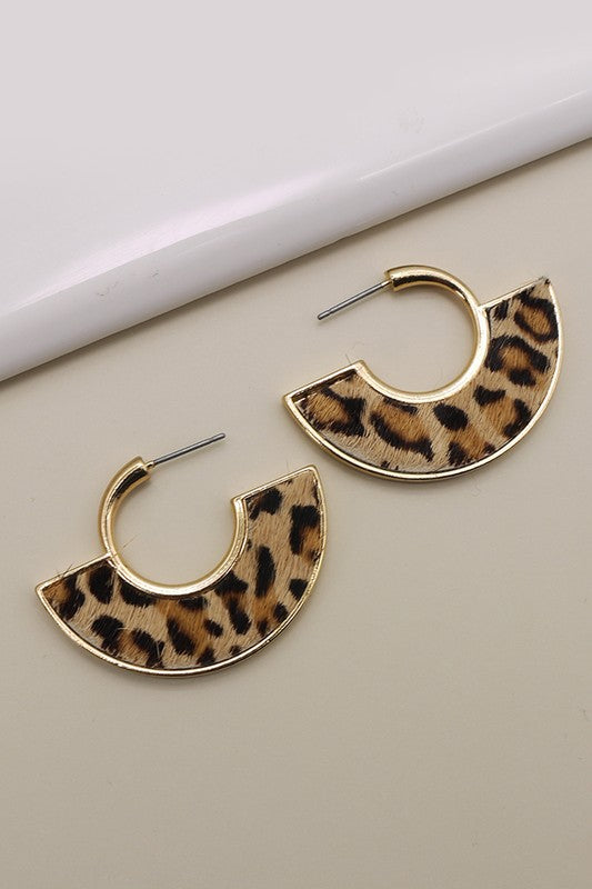 Faux Fur Brown Leopard Print Gold Rim Hoop Earrings