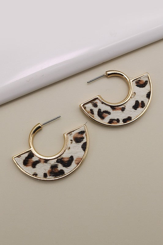 Faux Fur White Leopard Print Gold Rim Hoop Earrings