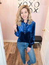 Load image into Gallery viewer, Navy Blue Velvet Feeling Buttoned Long Sleeve Top
