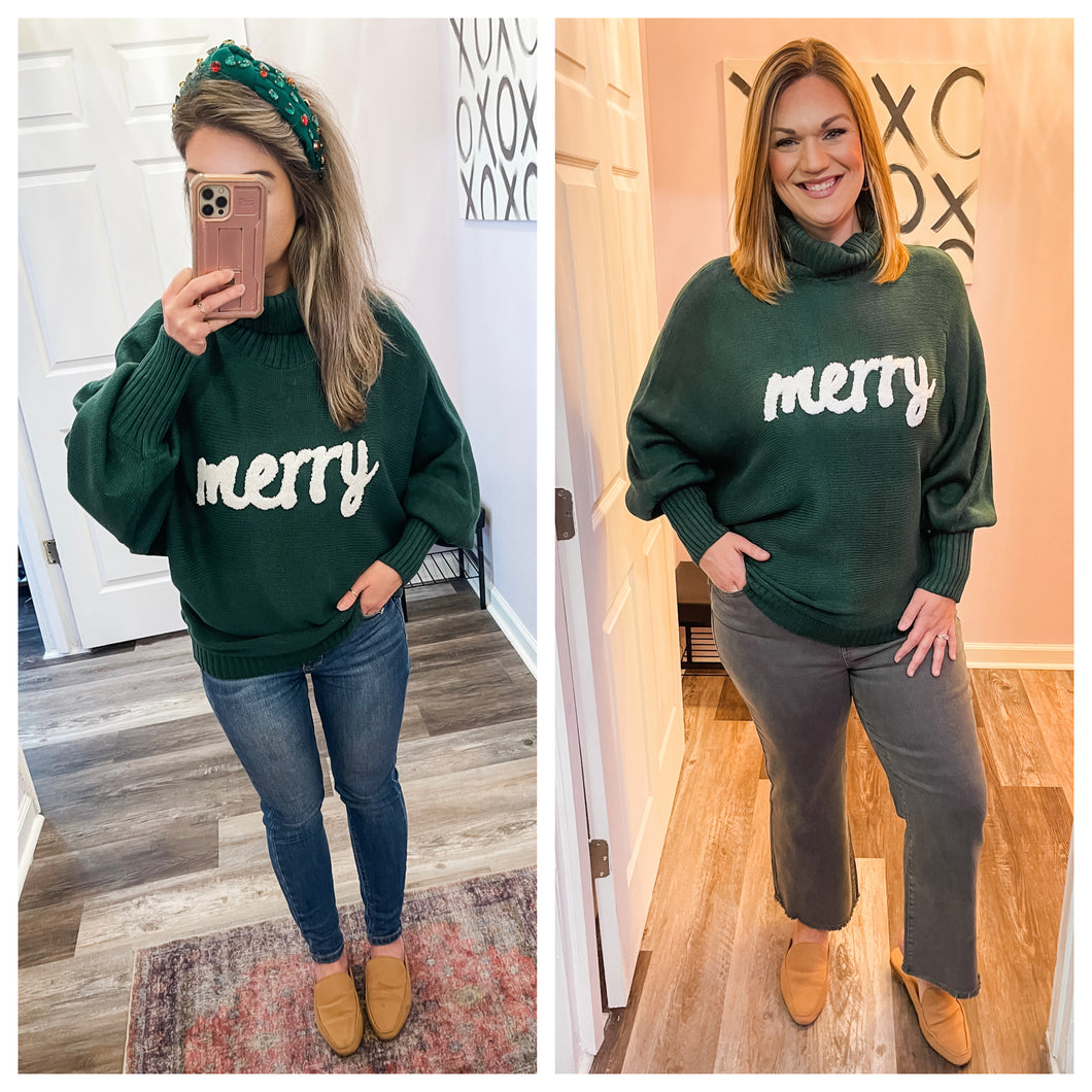 Merry Embroidered Green Turtleneck Sweater