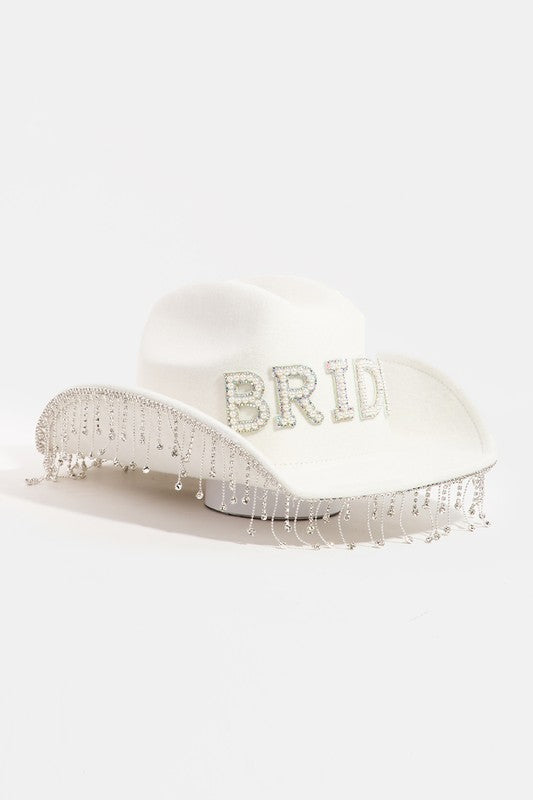 Pearl Studded Rhinestone Fringe Bride Cowboy Hat