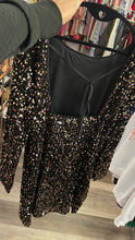 Load image into Gallery viewer, Black Velvet Like &amp; Dark Golden Brown Sequin Slit Dress
