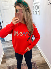 Load image into Gallery viewer, Colored Tinsel Merry Red Sweater
