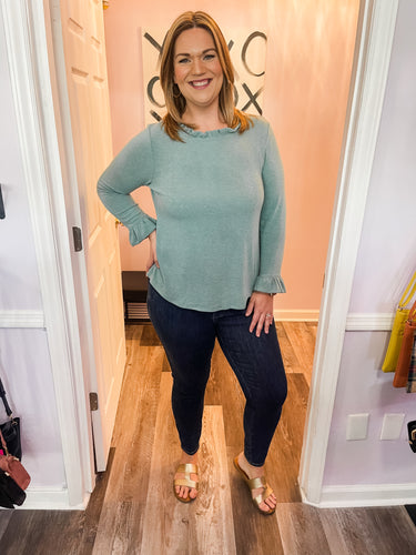 Plus Size Blue Sage Ruffle Detailing Long Sleeve Top