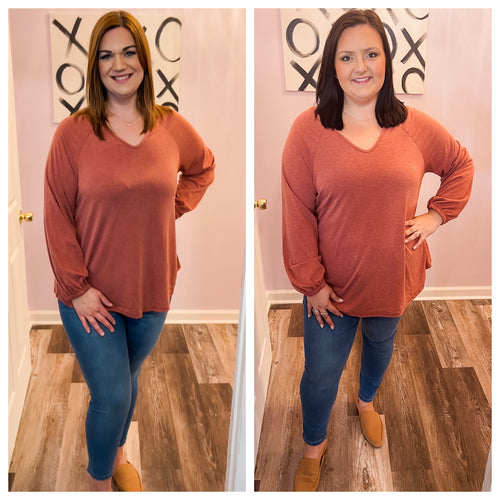 Plus Size Rust Casual V Neck Long Sleeve Top