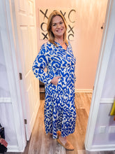 Load image into Gallery viewer, Blue &amp; White Abstract V Neck Maxi Dress
