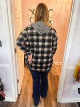 Load image into Gallery viewer, Black &amp; Off White Plaid Hooded Buttoned Down Shacket
