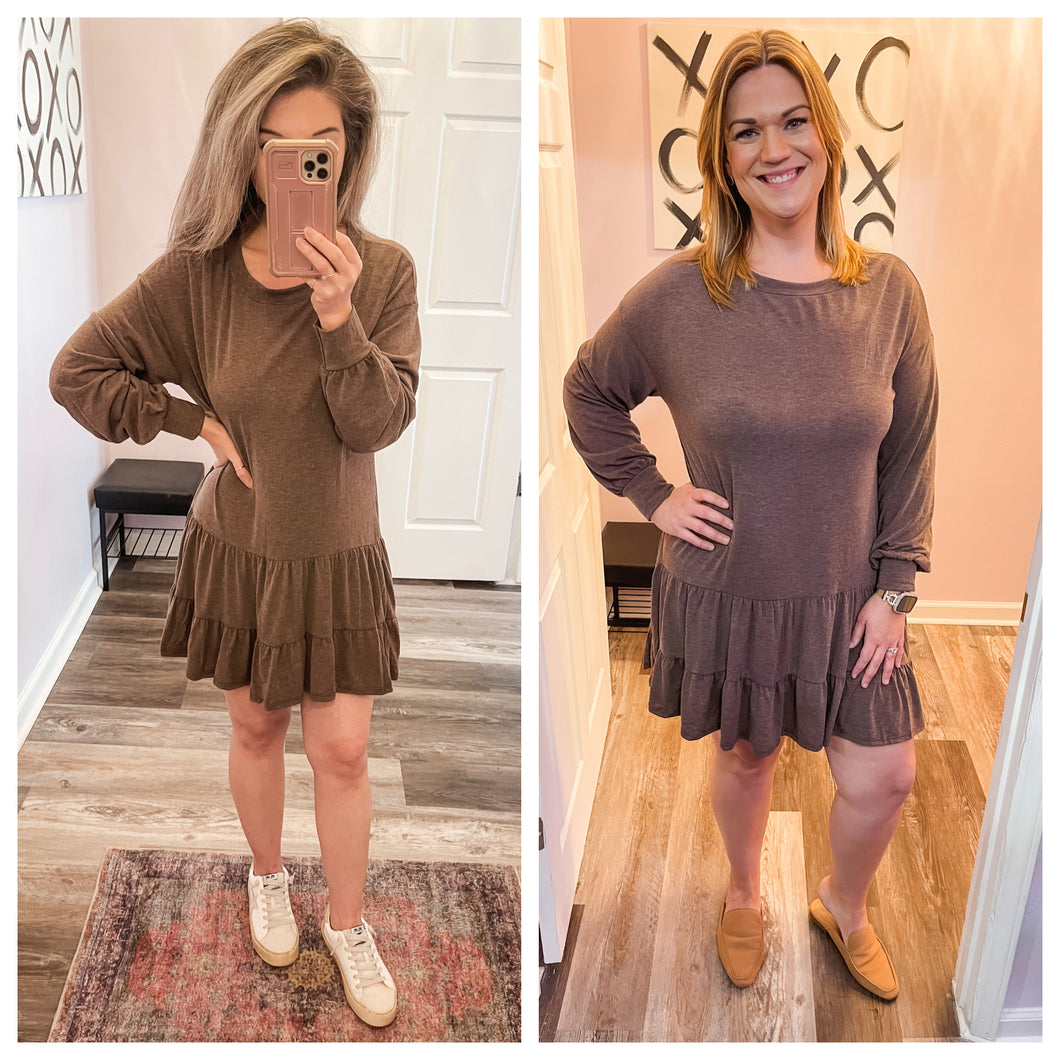 Brown Babydoll Tiered Ruffle Dress (Sizes: S-3XL)