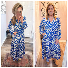 Load image into Gallery viewer, Blue &amp; White Abstract V Neck Maxi Dress
