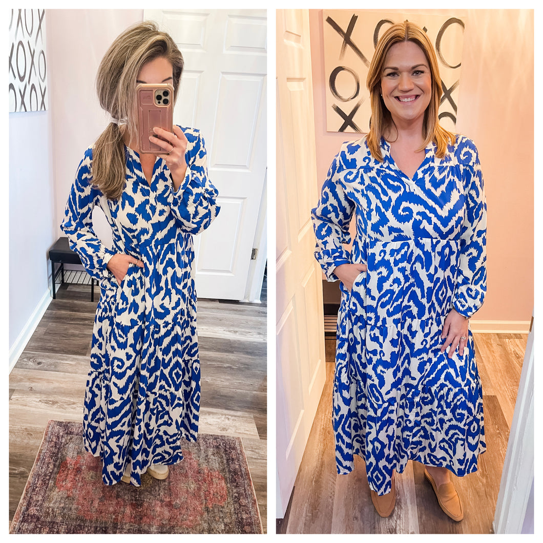 Blue & White Abstract V Neck Maxi Dress