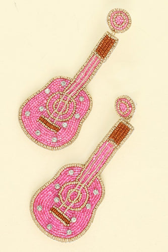 Rhinestone & Pink Guitar Long Earrings