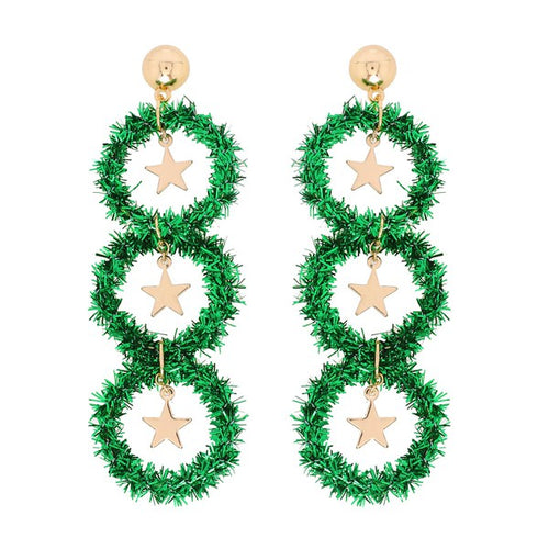 Green Tinsel Wreath & Gold Star Long Drop Earrings