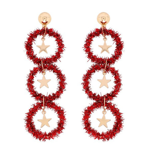 Red Tinsel Wreath & Gold Star Long Drop Earrings