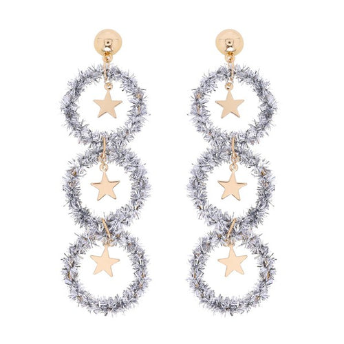 Silver Tinsel Wreath & Gold Star Long Drop Earrings