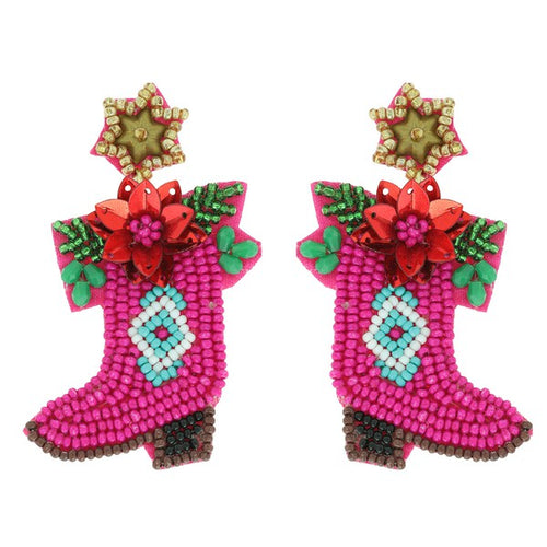 Christmas Poinsettia Western Boot Earrings