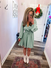 Load image into Gallery viewer, Sea Foam Long Sleeve V Neck Crinkle Dress
