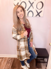 Load image into Gallery viewer, Long Brown Plaid Button Down Shacket
