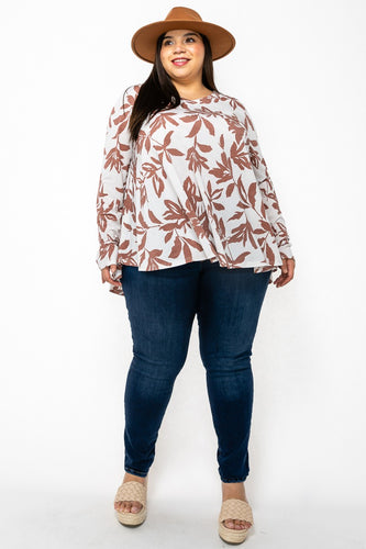 (Sizes: 3XL-5XL) Plus Size White & Brown Floral Top