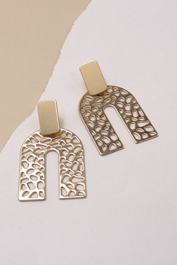 Gold Colored U Shaped Leopard Print Cut Out Earrings