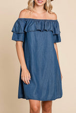 Load image into Gallery viewer, Dark Wash Chambray Dress (On OR Off Shoulder Dress)
