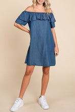 Load image into Gallery viewer, Dark Wash Chambray Dress (On OR Off Shoulder Dress)
