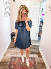 Load image into Gallery viewer, Dark Wash Chambray Dress (On OR Off Shoulder Dress)
