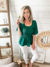 Load image into Gallery viewer, Hunter Green Smocked Peplum Top

