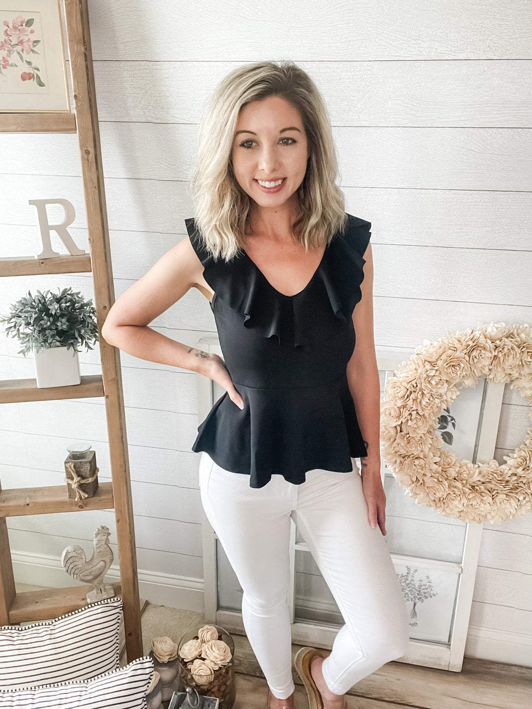 Black Ruffled Peplum Top