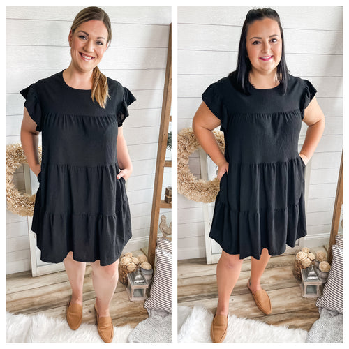 Plus Size Black Ruffle Sleeve Tiered Crepe Dress