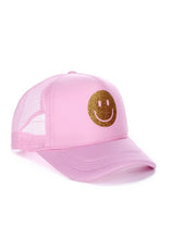 Load image into Gallery viewer, Glitter &amp; Gold Smiley Face Pink Trucker Hat
