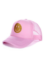 Load image into Gallery viewer, Glitter &amp; Gold Smiley Face Pink Trucker Hat
