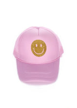 Load image into Gallery viewer, Glitter &amp; Gold Smiley Face Pink Trucker Hat
