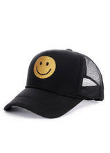 Load image into Gallery viewer, Glitter &amp; Gold Smiley Face Black Trucker Hat
