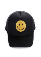 Load image into Gallery viewer, Glitter &amp; Gold Smiley Face Black Trucker Hat
