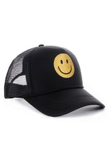 Load image into Gallery viewer, Glitter &amp; Gold Smiley Face Black Trucker Hat
