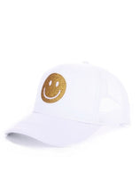 Load image into Gallery viewer, Glitter &amp; Gold Smiley Face White Trucker Hat
