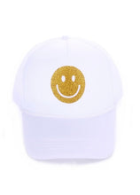 Load image into Gallery viewer, Glitter &amp; Gold Smiley Face White Trucker Hat
