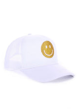 Load image into Gallery viewer, Glitter &amp; Gold Smiley Face White Trucker Hat
