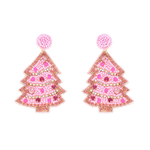 Pink Christmas Tree Earrings With Pink Jewels & Rhinestones