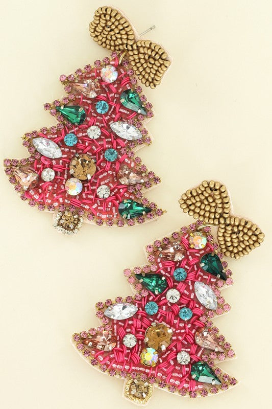 Pink & Gold Jeweled Christmas Tree Earrings