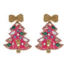 Load image into Gallery viewer, Pink &amp; Gold Jeweled Christmas Tree Earrings
