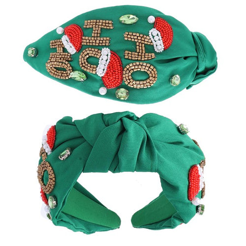 HO HO HO Santa Hat Jeweled Green Headband