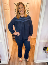 Load image into Gallery viewer, Plus Size Navy Blue Swiss Dot Long Sleeve Top
