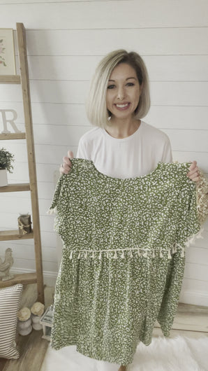 Plus Size Lightweight Green Leopard Print Tassel Babydoll Dress