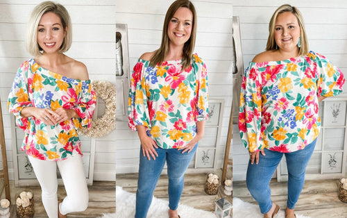 Floral Print Off Shoulder Bubble Sleeve Top