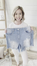 Load and play video in Gallery viewer, Plus Size Distressed Denim Shorts With Frayed Hem

