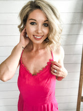 Load image into Gallery viewer, Pink Scalloped Lace Trim criss cross back pink Jumpsuit

